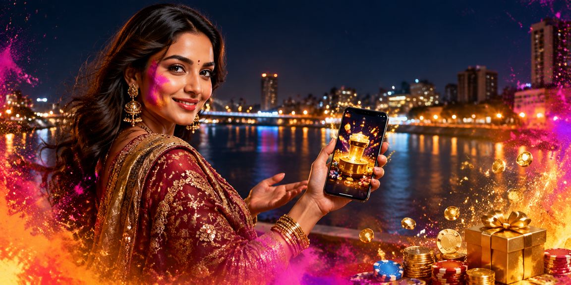 Vibrant Aviator betting on mobile near Ahmedabad Riverfront during Holi Festival